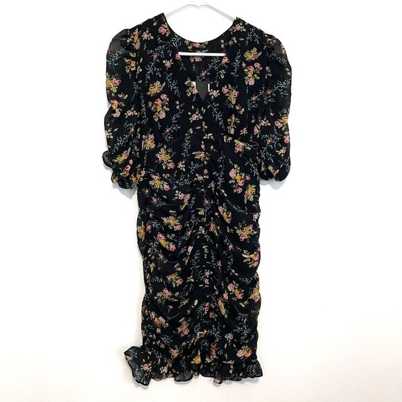 NEW NWT LEA VIOLA Shirred Floral Mini Dress Black Pink Multi Ruched Bodycon S - Picture 2 of 16